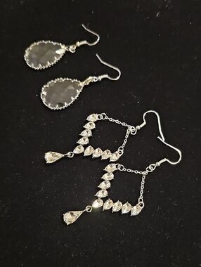 2 Pair Of Crystal Drop Dangle Earrings - Silver Tone. Chandelier Prong Set Stone